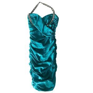 Atria Clothing Teal Studded Halter Ruched Dress Size S Small NWT